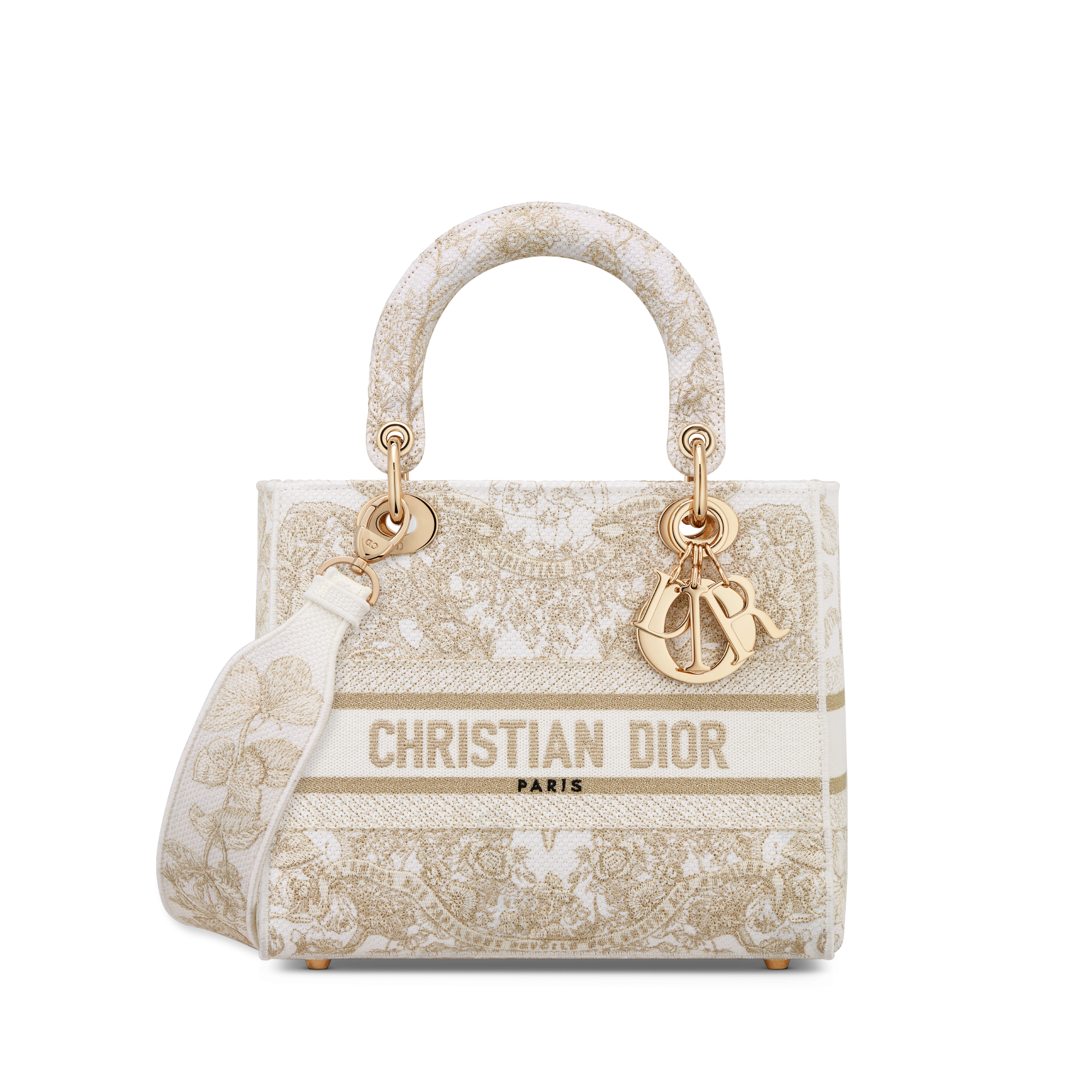 Dior - Medium Lady D-Lite Bag Gold-Tone and White Butterfly Around The World Embroidery - Women