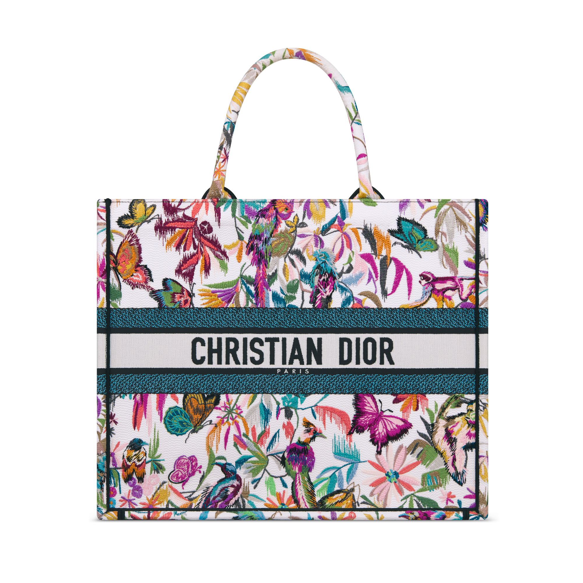 Large Dior Book Tote White Multicolor Toile de Jouy Fantastica Embroidery  (42 x 35 x 18.5 cm)